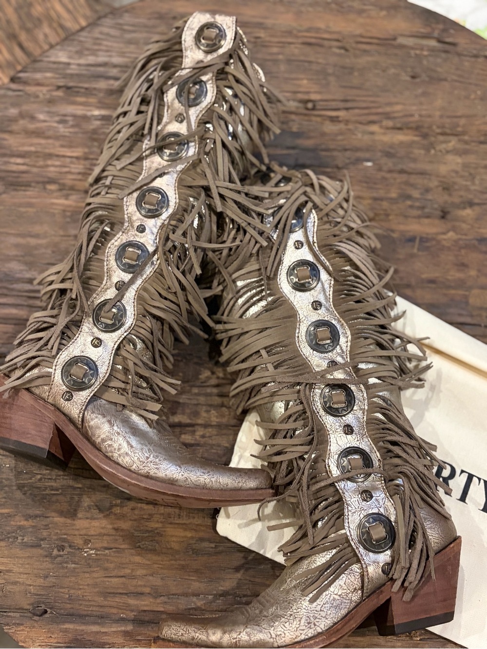 LIBERTY Black Metallic Taupe Fringe Lace-Up Western Boots - pewter - Picture 1 of 9